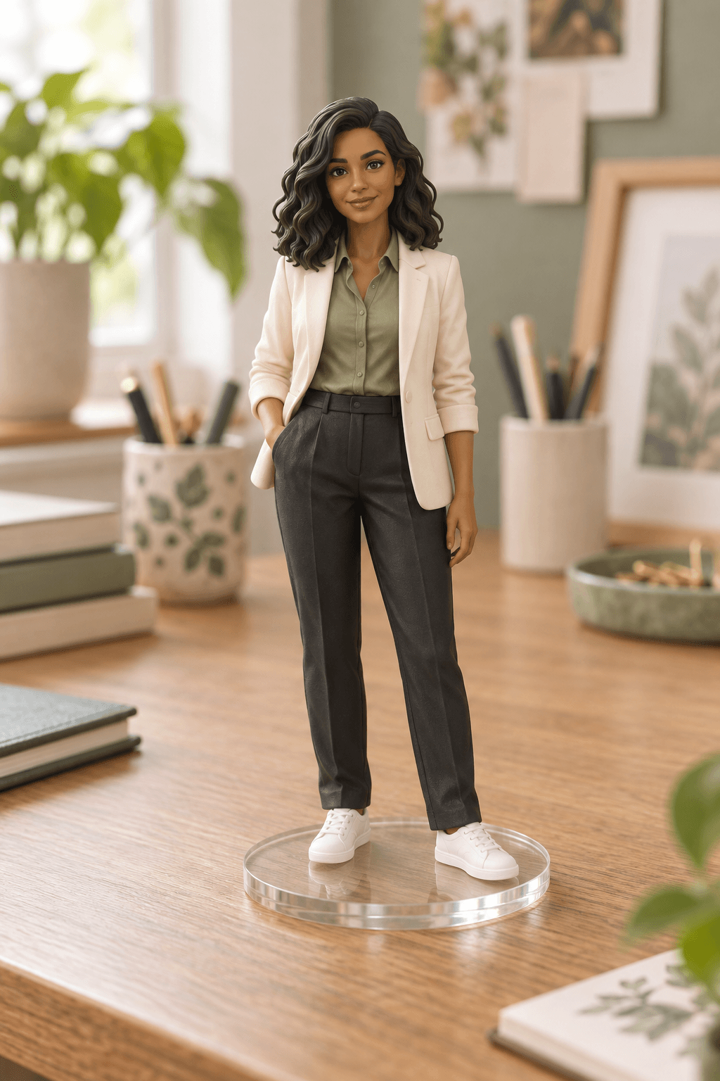 AI-created demonstration of a fictional person as a miniature desk collectible
