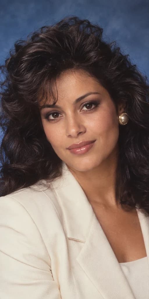 AI-created retro portrait demonstration with a cream blazer and blue background